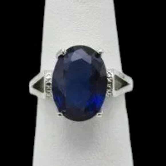 S925 & Sapphire Glass Ring Oval Faceted Stone - Picture 1 of 6